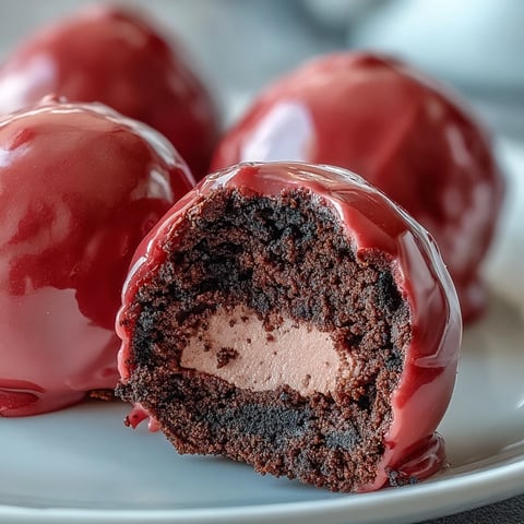 Pink-coated Oreo Truffle Balls on a platter, creamy centers peeking out from a glossy candy shell.