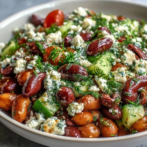Vibrant Greek Bean Salad with Lemon Marinated Beans served in a white bowl, garnished with parsley and feta.