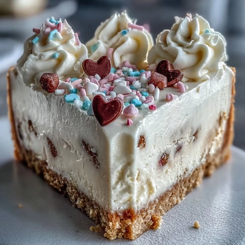 A slice of Candy Hearts Fake Cake showcases a creamy whipped topping and a pastel candy heart crown on a buttery graham cracker crust.