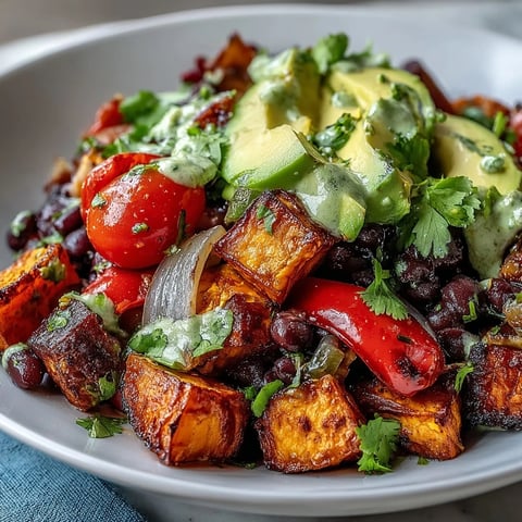 Roasted sweet potatoes and black beans in a bowl with salsa, avocado, and lime dressing, served on salad greens.