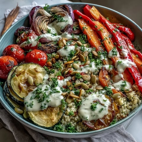Vibrant roasted vegetables and fluffy quinoa in a bowl, topped with creamy tahini sauce and fresh parsley.