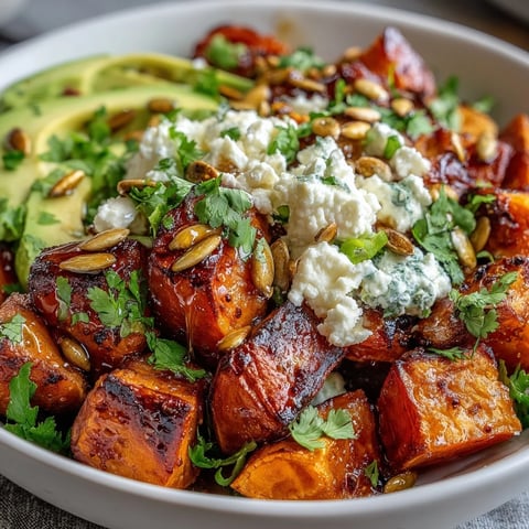 Golden roasted sweet potato cubes in a Hot Honey Sweet Potato Bowl, topped with creamy avocado slices and cottage cheese.