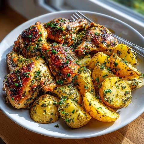 Crispy Sheet Pan Lemon Herb Chicken &amp; Potatoes, seasoned perfectly and baked until tender.