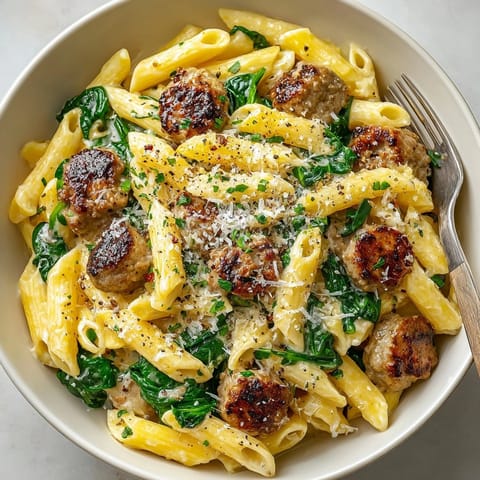 Savor the delicious Creamy Sausage and Spinach Penne; a quick and easy dinner idea.