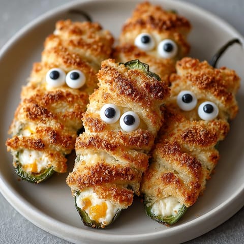 Golden, cheesy baked Mummy Jalape&amp;ntilde;o Poppers with candy eyes, ready for a Halloween party.