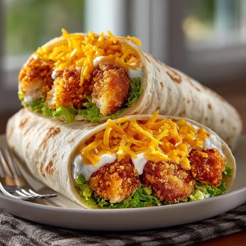Close-up of a delicious crispy chicken ranch snack wrap with creamy sauce oozing out.