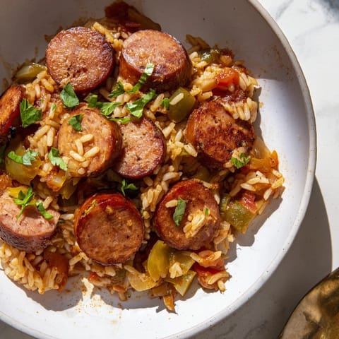 Imagine warm, spicy Cajun Sausage and Rice Skillet, garnished with fresh parsley.