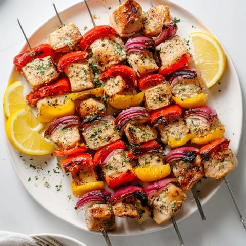 Juicy Garlic Parmesan Chicken Kabobs with colorful peppers, a flavorful gluten-free dinner.