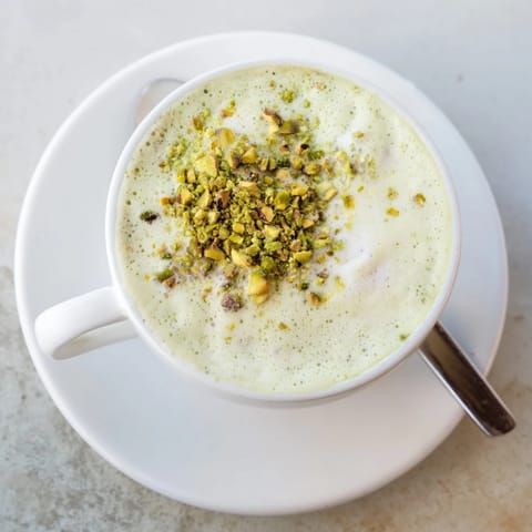 Delicious homemade pistachio milk latte, rich and inviting for coffee lovers.  