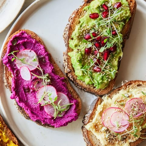 Colorful breakfast toasts featuring creamy ube spread and fresh avocado toppings.  