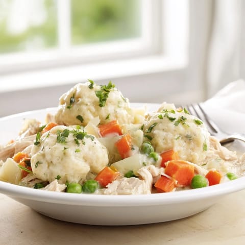 Creamy chicken and dumplings casserole bursting with fresh vegetables and savory goodness.  