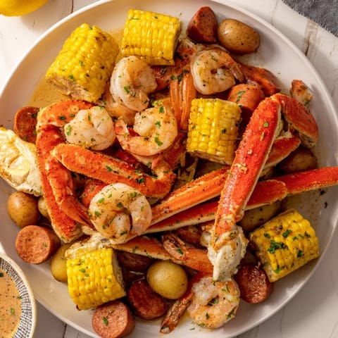 Vibrant image of a Southern Seafood Boil, featuring crab, shrimp, sausage, and corn, beautifully arranged.