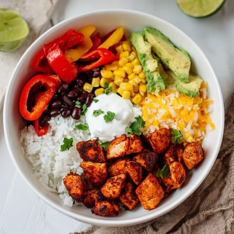 This image shows a sheet pan full of Sheet Pan Chicken Burrito Bowls, ready for a delicious feast.