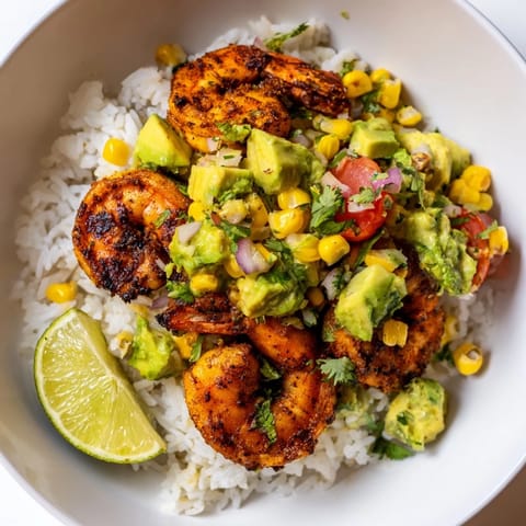 Spicy blackened shrimp atop fluffy rice, generously topped with vibrant avocado corn salsa.
