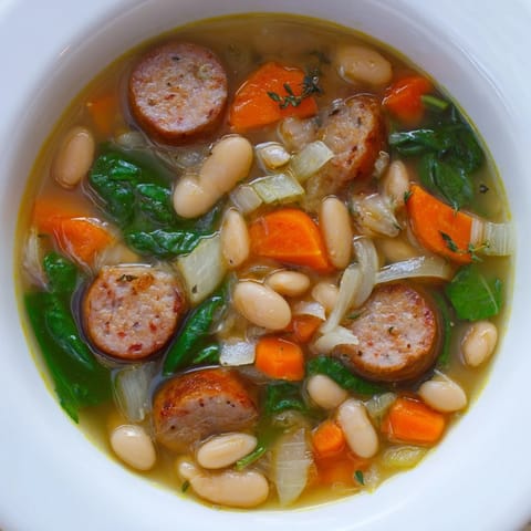 A comforting spoonful of Simple Sausage and White Bean Soup, a hearty, warm, satisfying meal.