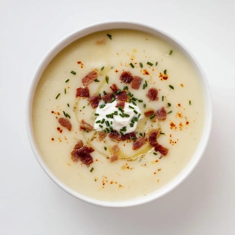 A close-up of The Ultimate Baked Potato Soup, showing creamy texture and cheesy drizzle.
