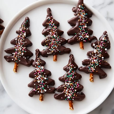 Melted chocolate drizzled into festive tree shapes, these Easy Express Chocolate Christmas Trees await decoration.