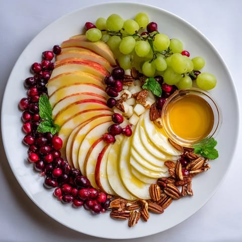 An inviting Apple Orchard Fruit Board presents crisp apple slices, grapes, and a creamy cheese selection.