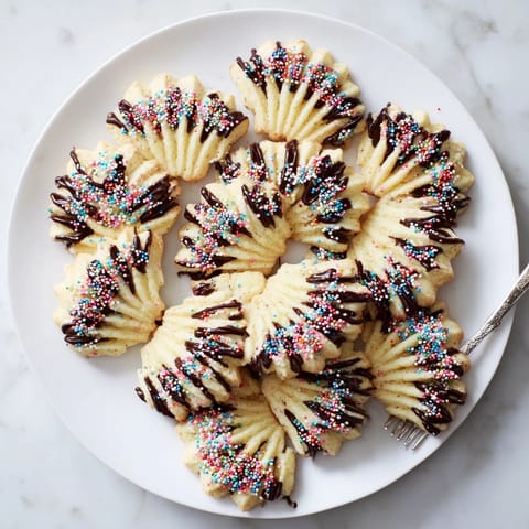 Buttery, festive spritz cookies, fanned on a baking sheet, ready for the oven to crisp.