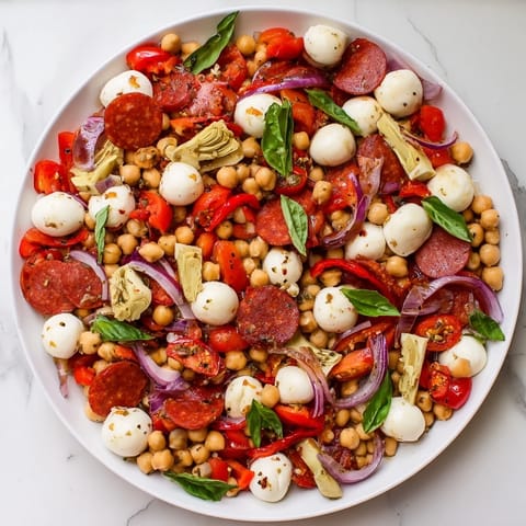 A close-up of a well-dressed Antipasto Chickpea Salad, showcasing pepperoni and fresh basil for flavor.