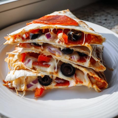 Golden crust of a homemade tortilla pizza wrap, filled with cheese and vibrant toppings.