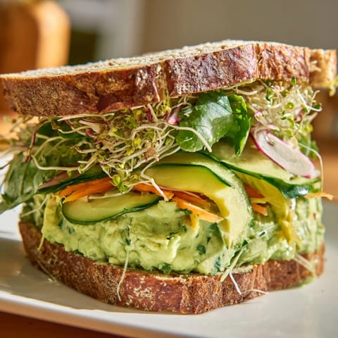 A close-up of a loaded Green Goddess sandwich, showcasing the colorful, delicious layers.