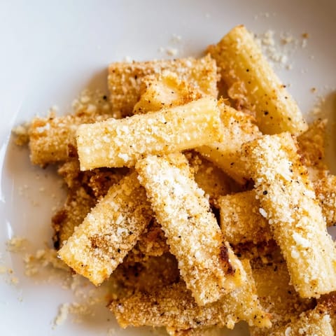 Crispy textured air-fried Parmesan pasta chips, offering a symphony of textures and savory flavors.
