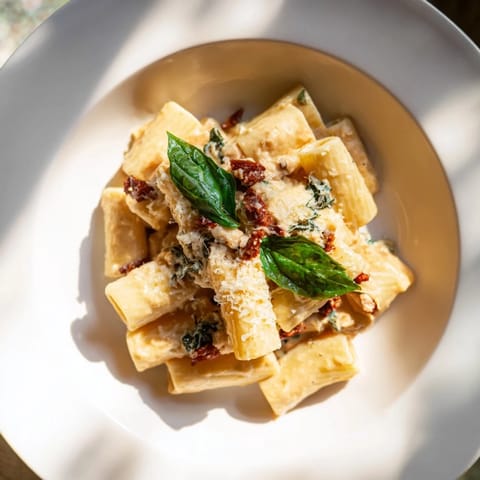 Beautiful close-up of sun-dried tomato pasta, with a rich, creamy sauce coating the penne.