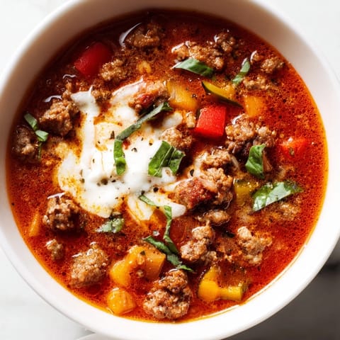 Close-up of a steaming bowl of homemade Pizza Soup, garnished with fresh basil leaves.