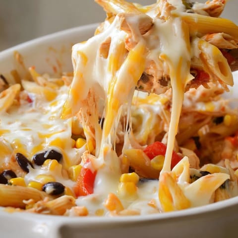 Spoon serving of Chicken Burrito Pasta Bake revealing penne, black beans, corn, and shredded chicken in creamy salsa sauce.