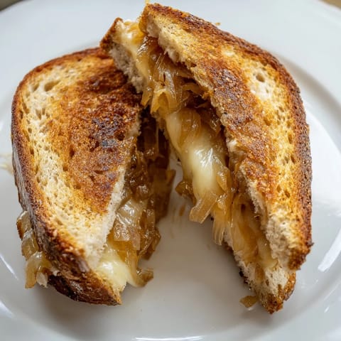 Two halves of a gourmet Caramelized Onion & Gruyère Grilled Cheese with oozy cheese pulling away from the crispy crust.