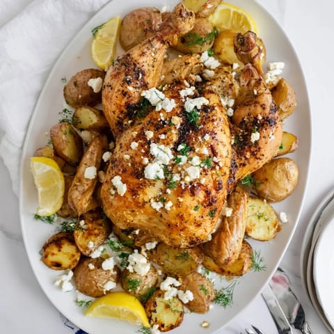 A close-up of Roasted Chicken with Pot Potatoes, Lemon Herbs, and Feta highlights creamy feta crumbles and glistening lemony pan juices.