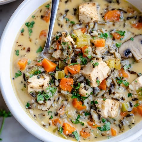 Creamy Parmesan Mushroom Chicken and Wild Rice Soup steaming in a rustic bowl, garnished with fresh parsley and extra grated cheese for a cozy dinner.  