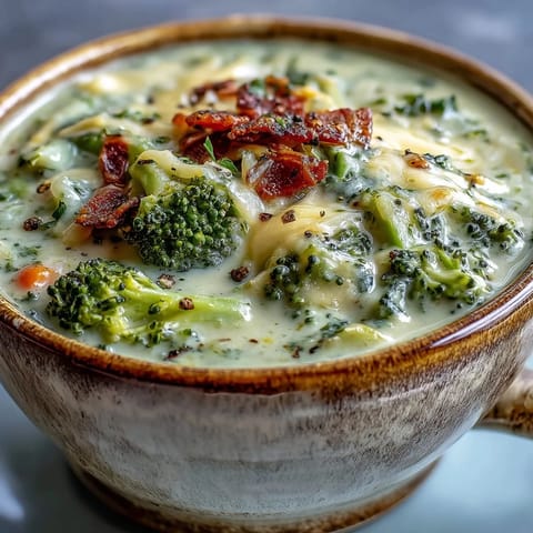 A close-up of creamy Roasted Broccoli Cheddar Soup in a rustic bowl, topped with extra cheese.