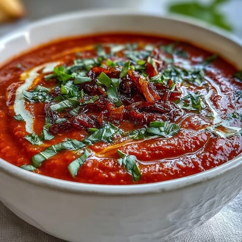 A rustic bowl of Roasted Tomato Basil Soup garnished with fresh basil and creamy crème fraîche on a wooden table.