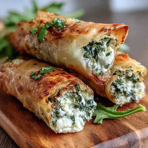 Six freshly fried Spanakopita Spring Rolls are arranged over parchment with a small bowl of tzatziki sauce.