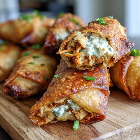 Hot Buffalo Chicken Egg Rolls piled on a platter, revealing a savory filling of shredded chicken, blue cheese, and veggies.