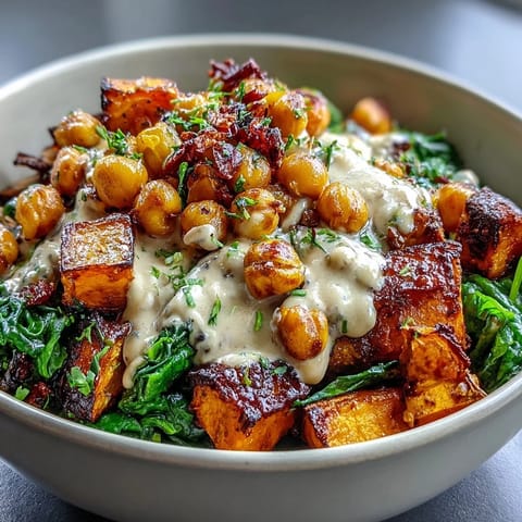 Hearty Roasted Sweet Potato and Chickpea Bowl featuring caramelized cubes, crispy legumes, and garlicky spinach served on a rustic white plate.