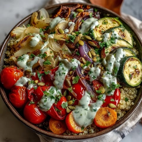 Sheet pan roasted vegetable quinoa bowl with caramelized zucchini and cherry tomatoes, ready for a wholesome lunch.