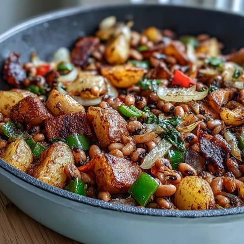 Golden roasted black-eyed pea hash with diced potatoes, onions, and peppers served hot from the oven.