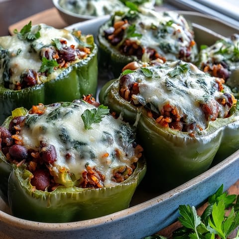 Four colorful bell peppers filled with black-eyed peas and rice sit in a ceramic baking dish.