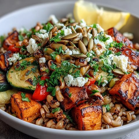 Hearty Black-Eyed Pea Grain Bowl plated with wild rice, zucchini, red onion, and a bright lemon wedge for squeezing.