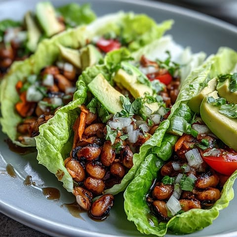 Crisp butter lettuce leaves filled with seasoned Black-Eyed Pea Lettuce Wraps, topped with creamy avocado and fresh cilantro.
