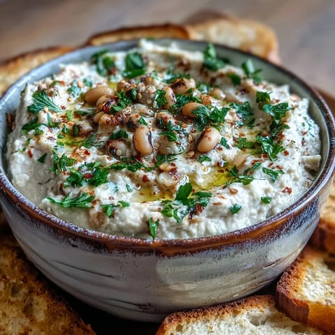 A vibrant Southern-style Smashed Black-Eyed Peas dip featuring garlic and lemon zest in a rustic serving bowl.