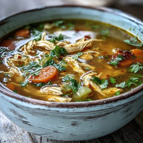 A warm bowl of Anti-Inflammatory Turmeric Chicken Soup, with tender shredded chicken and golden broth, garnished with fresh cilantro and lemon.
