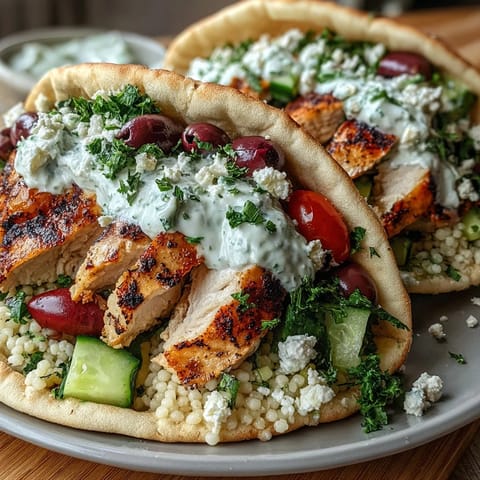 Golden-brown grilled chicken slices stuffed into warm pita breads with a vibrant Mediterranean salad and creamy tzatziki sauce.