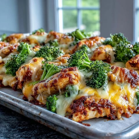 Roasted ranch chicken breasts with crisp-tender broccoli florets and bubbling cheddar cheese on a sheet pan.