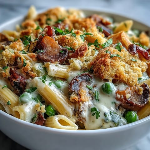 A hearty spoonful of Creamy Veggie Pot Pie Pasta reveals a rich sauce and tender penne with sautéed mushrooms.