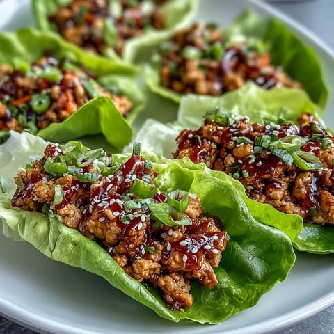 Freshly cooked ground chicken filling for Skinny Asian Chicken Lettuce Wraps with Hoisin Sauce stirs in a skillet with garlic and ginger.