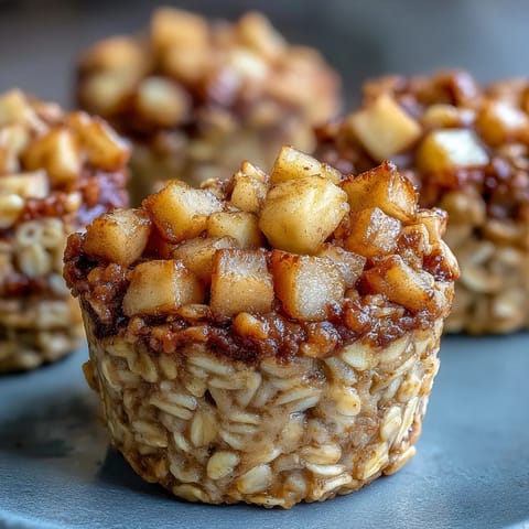 Freshly baked Vegan Apple Cinnamon Baked Oatmeal Cups in a muffin tin, showing a moist, hearty texture perfect for breakfast.
